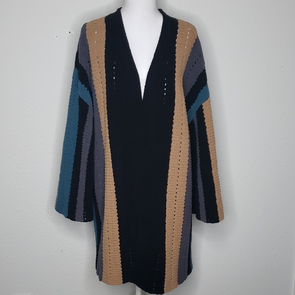 POL Open Knit Oversized Long Line Cardigan Size S Colorblock Soft Lounge Spring